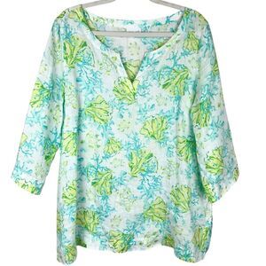 J. Jill Linen Tunic Top L Blue Green Coral Beach